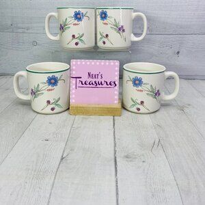 Oneida AVA White Blue Purple Flowers Green Band Stoneware 12oz Cup Mug Set of 4